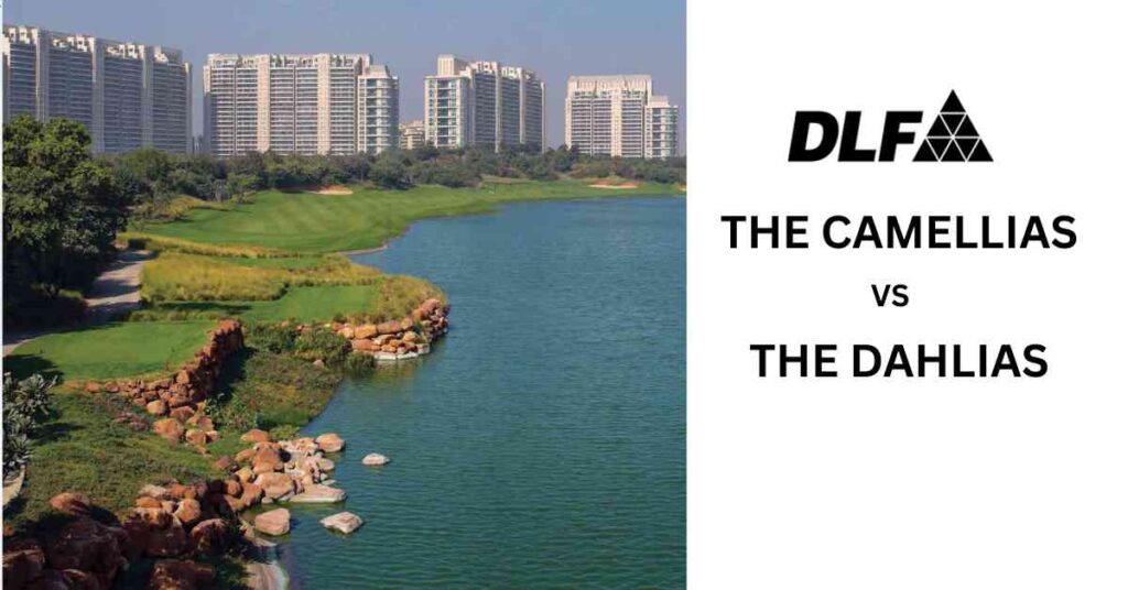 View of DLF Golf Links Apartments DLF The Camellias and DLF The Dahlias with lush green landscapes and modern architecture.